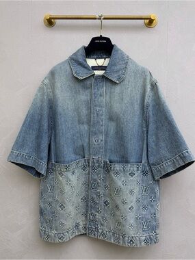 Louis Vuitton Washed Light Blue Denim Short-Sleeve Button Shirt